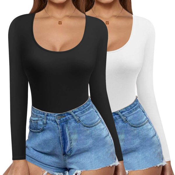 2 Pack Women's Scoop Neck Tops Long Sleeve Slim Fit T Shirt Thermal Shirts Basic Tight Tee XS-XXL